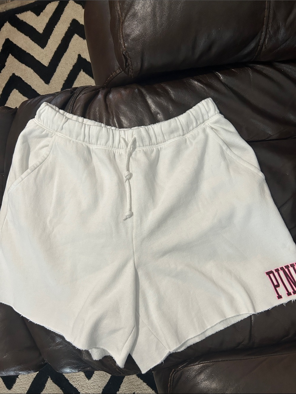 PINK Victoria's Secret White High-Waist Drawstring Lounge Shorts with Pink Logo